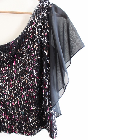 Dress barn Sequin Asymmetric Tulle Sleeve Top Petite Medium - Picture 3 of 6